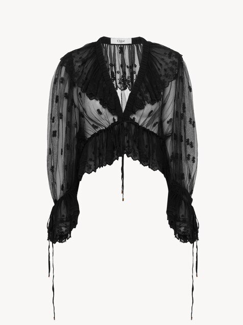 V-neck ruffle top in embroidered lace