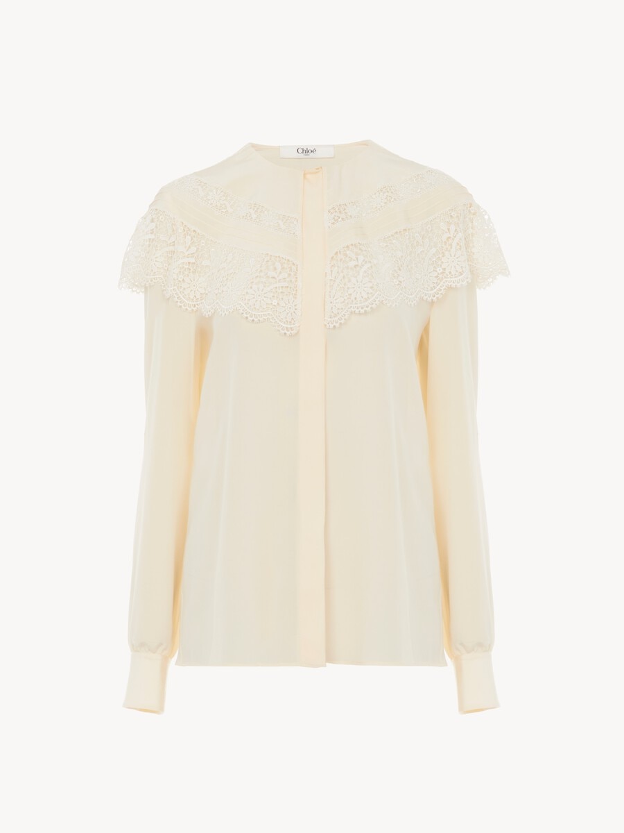 Gathered blouse in cr&ecirc;pe de chine & lace - 2