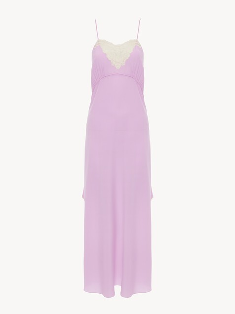 Thin-strap midi dress in crêpe de chine & lace