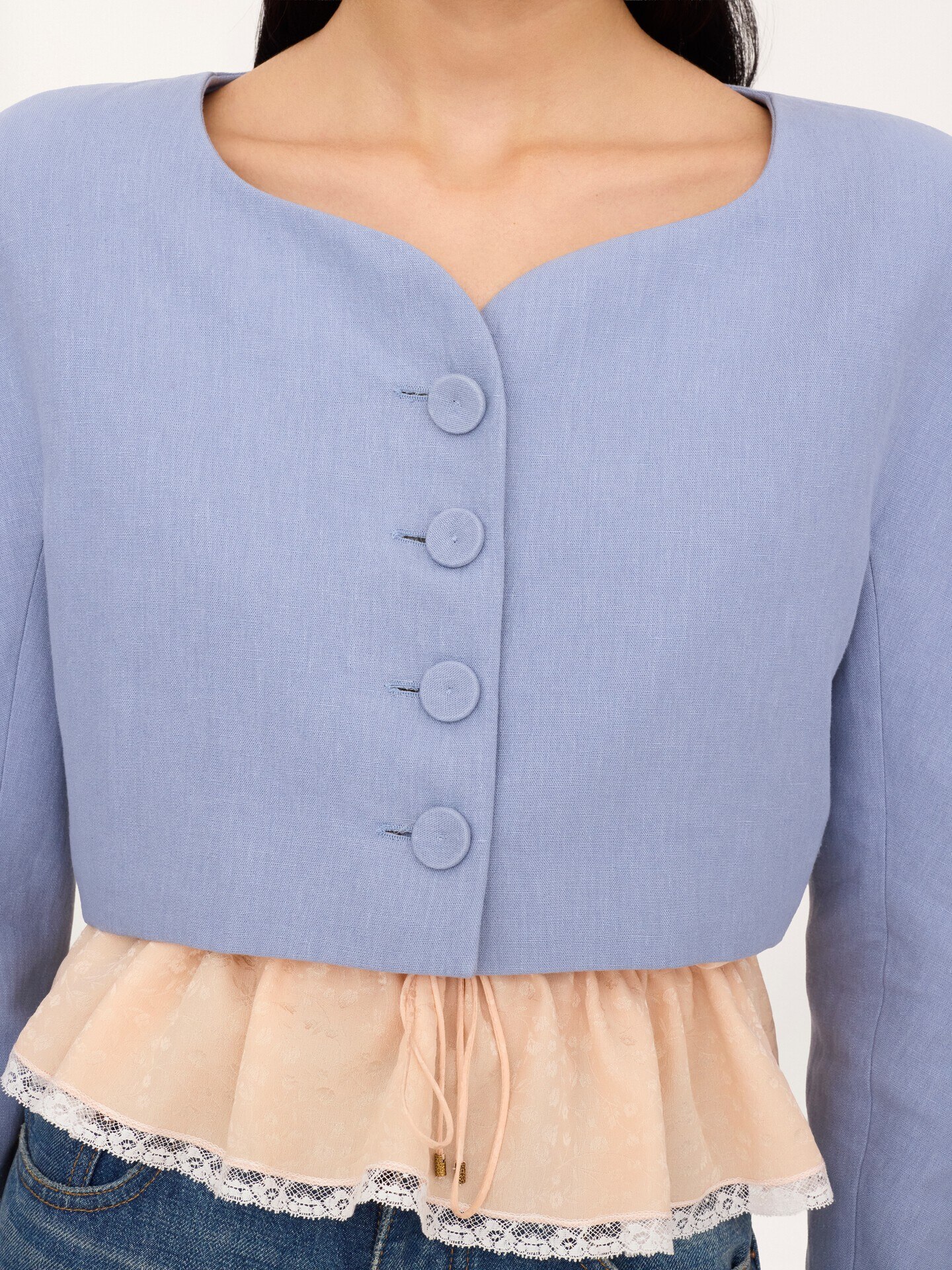 Chaqueta cropped sin cuello de crep&eacute; de lino - 7