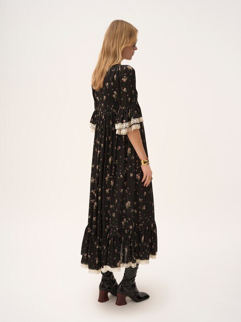 Scoop-neck midi dress in silk charmeuse & lace