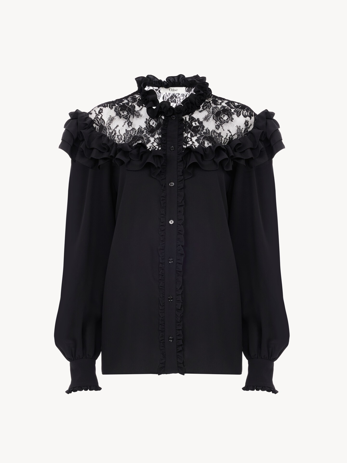 High-neck ruffled blouse in cr&ecirc;pe de chine & lace - 1