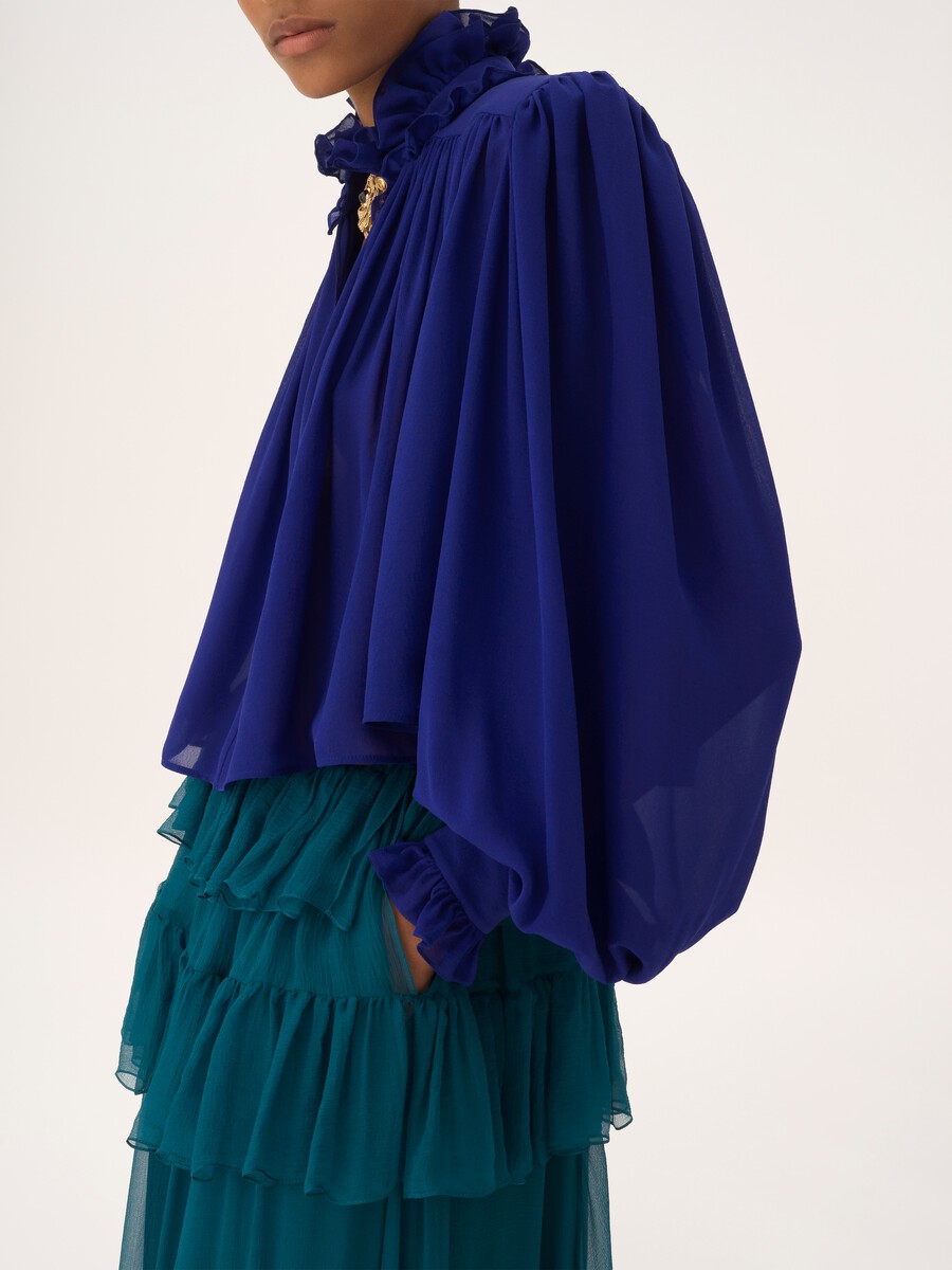 Maxi gathered high-neck top in silk georgette - 8
