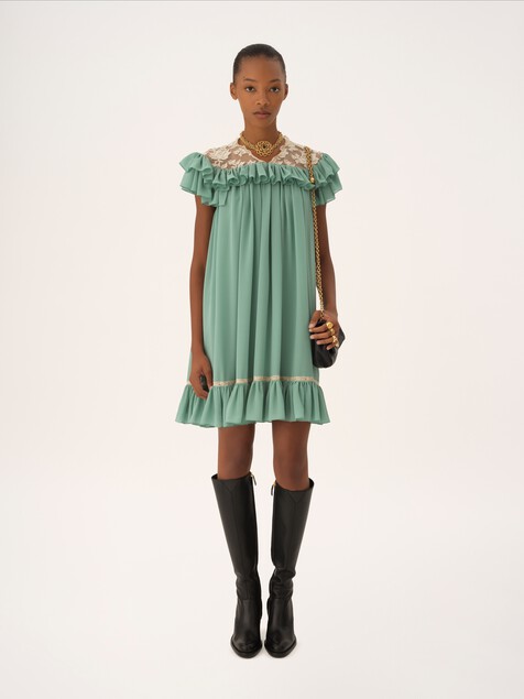 Minivestido de manga corta de georgette de seda y encaje