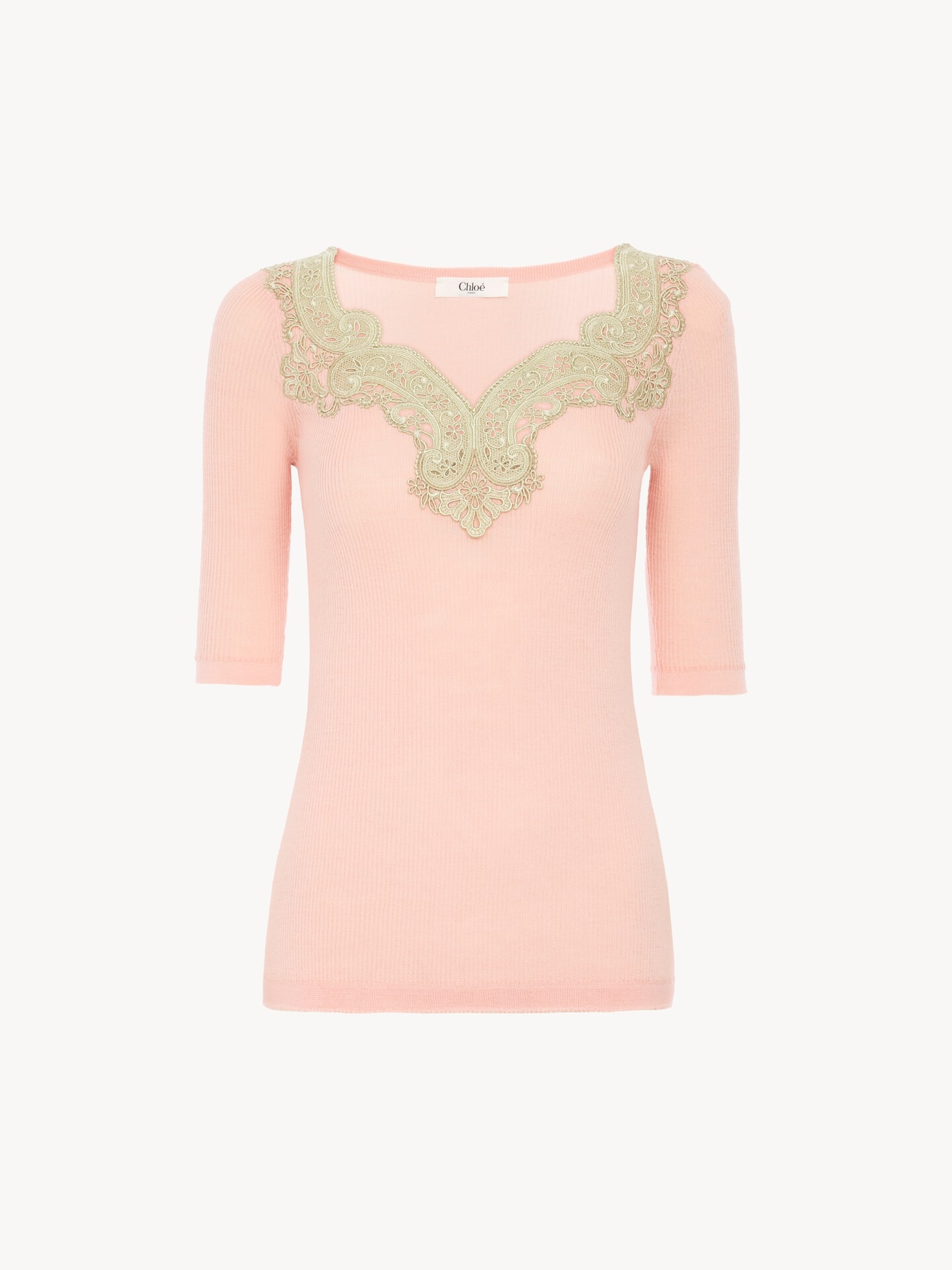 Elbow-sleeve fitted jumper in a wool knit & lace - 2