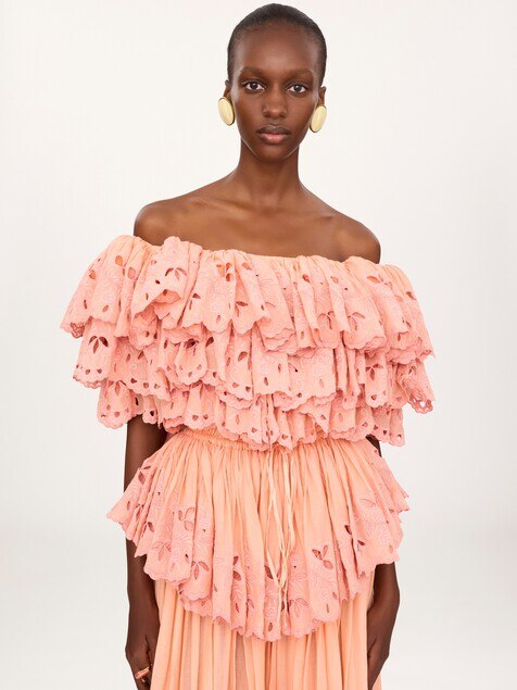 Vestido largo con volantes de gasa de algod&oacute;n