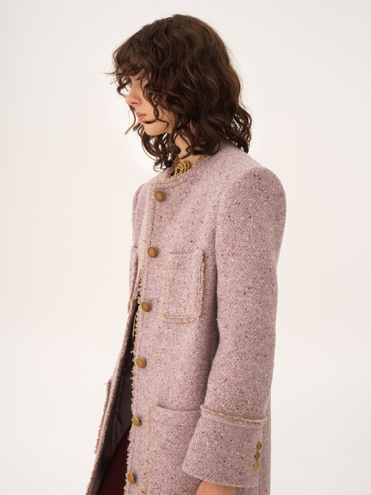 Single-breasted collarless coat in chiné wool tweed - 7