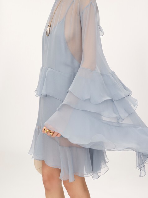 Ruffled mini dress in silk mousseline