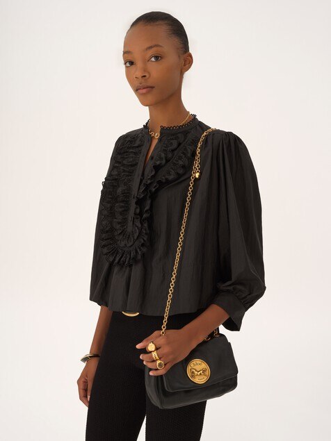 Gathered ruffle top in technical taffeta