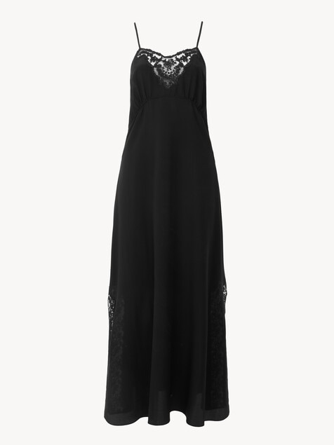 Vestido largo lencero de crep&eacute; de seda china y encaje