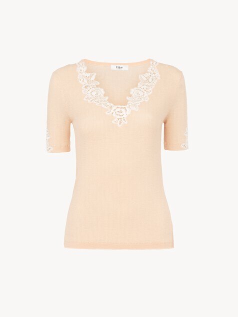Fitted short-sleeve top in guipure lace wool knit