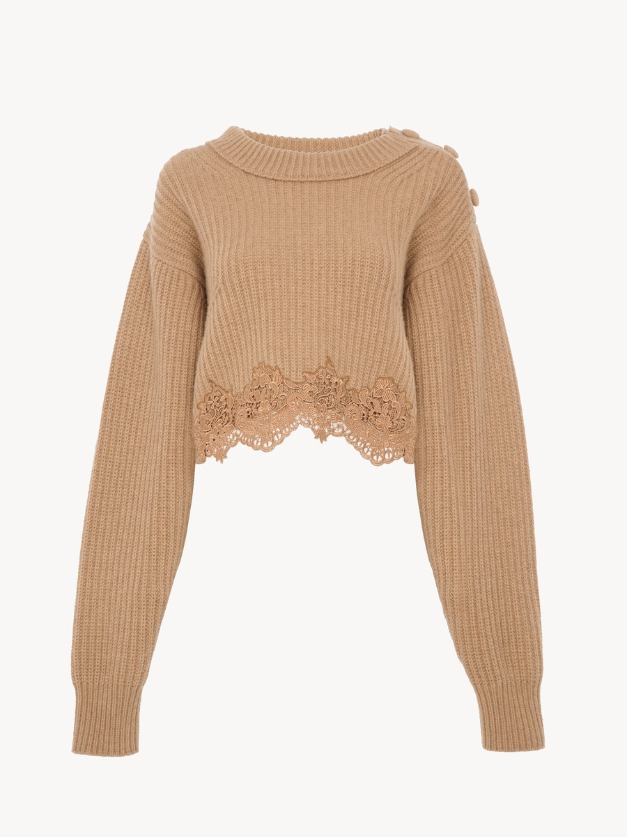 Cropped mock-neck sweater in a wool and cashmere knit & lace - 2