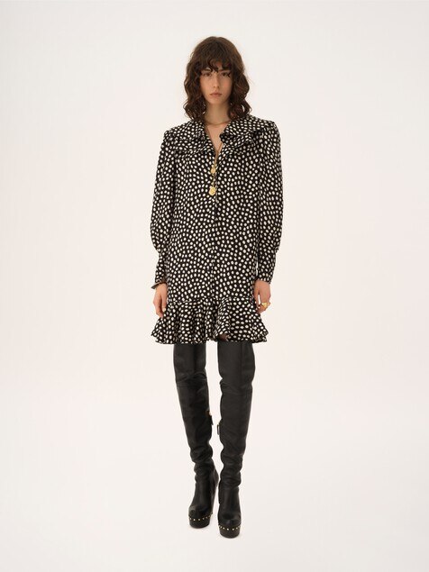 Long-sleeve mini dress in silk jacquard