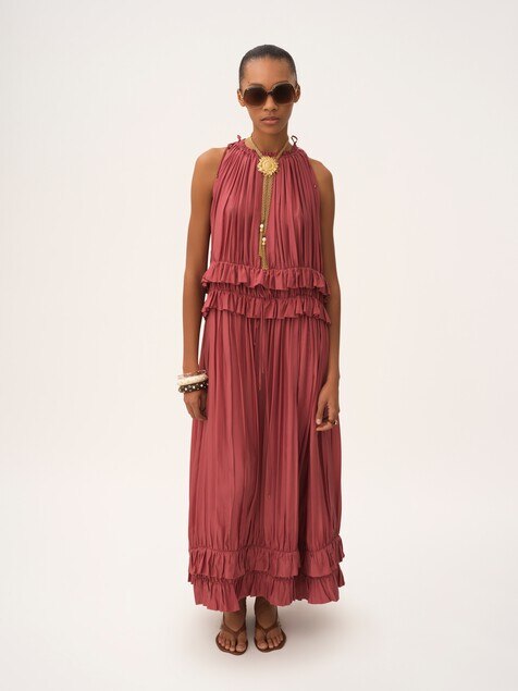 Sleeveless long dress in washed silk pongé