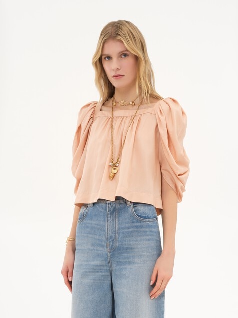 Puff-sleeve pleated top in silk poplin