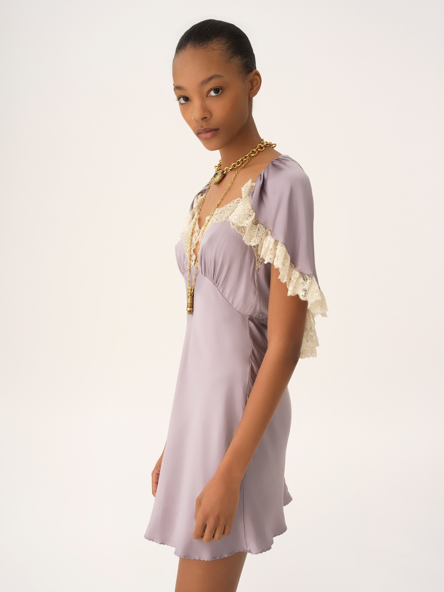 Mini cape dress in washed silk satin & lace - 4