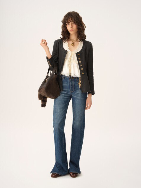 Chaqueta estilo ecuestre con p&eacute;plum de cuero