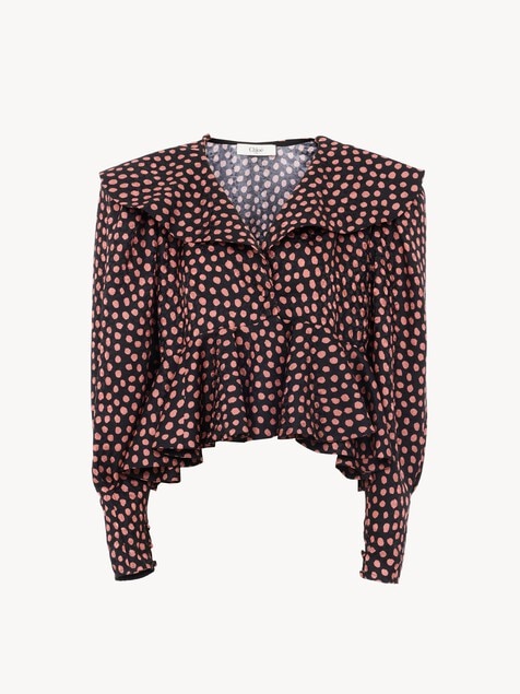 V-neck ruffle top in silk jacquard