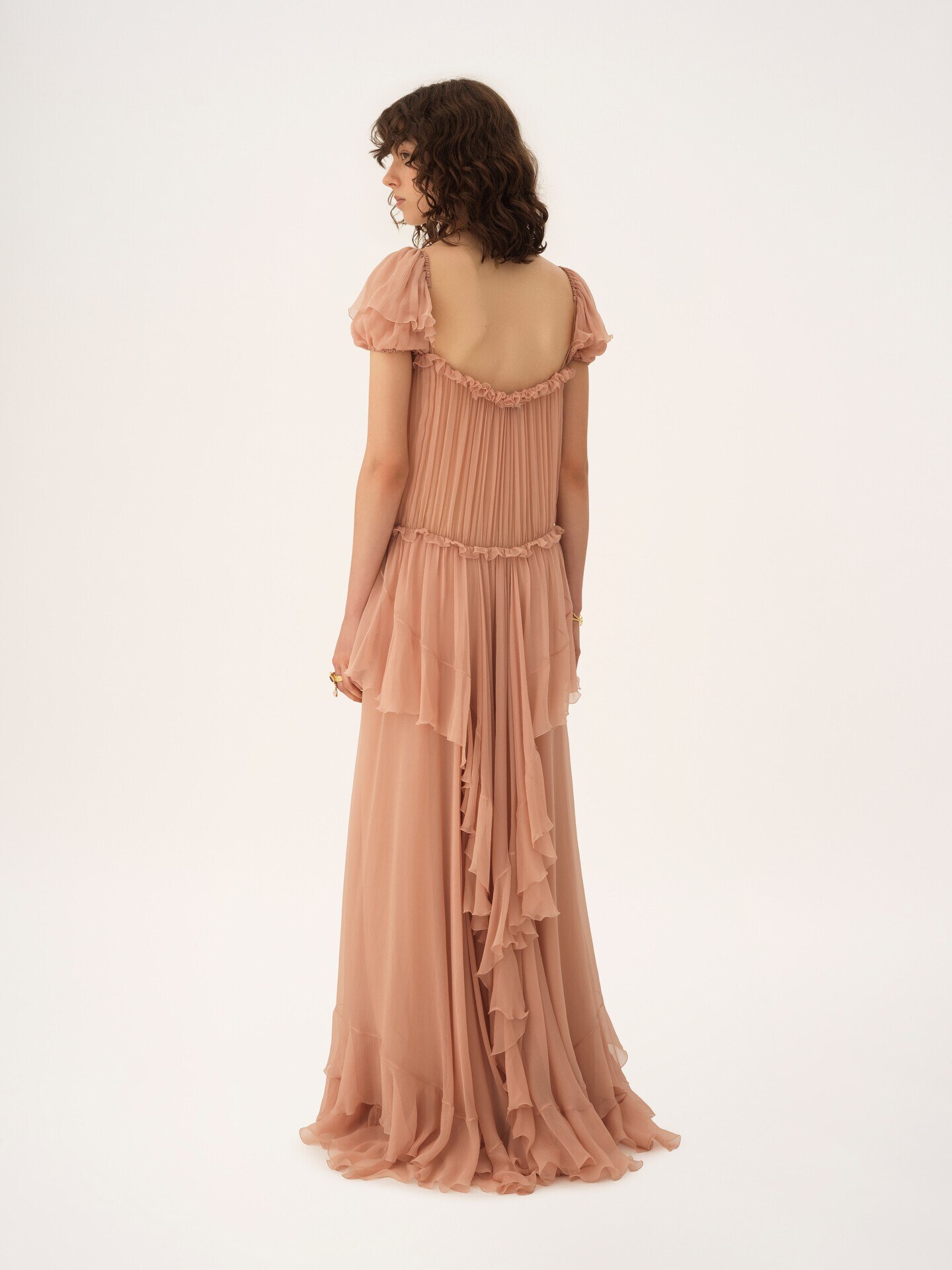 Gathered long ruffled dress in silk mousseline - 6