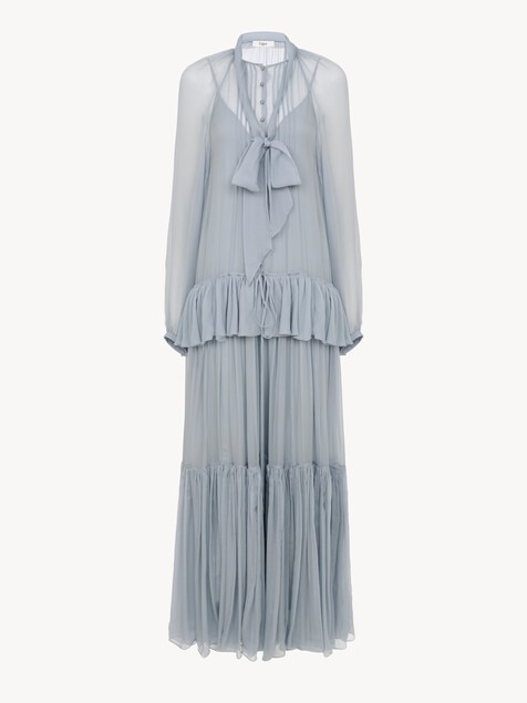 Fluid lavalli&egrave;re long dress in silk mousseline