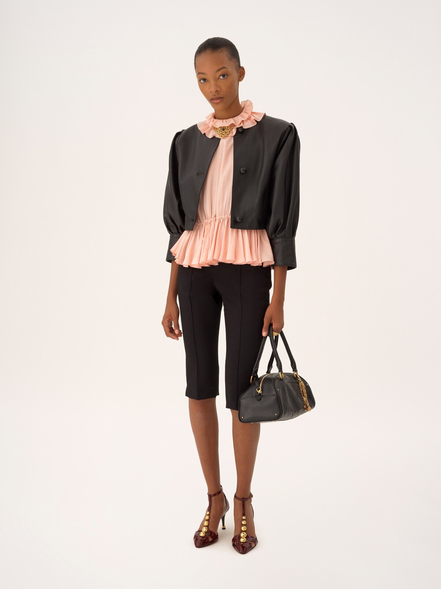 Cropped collarless jacket in leather - 3