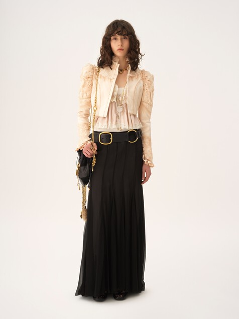 Cropped fitted jacket in silk duchess satin & lace