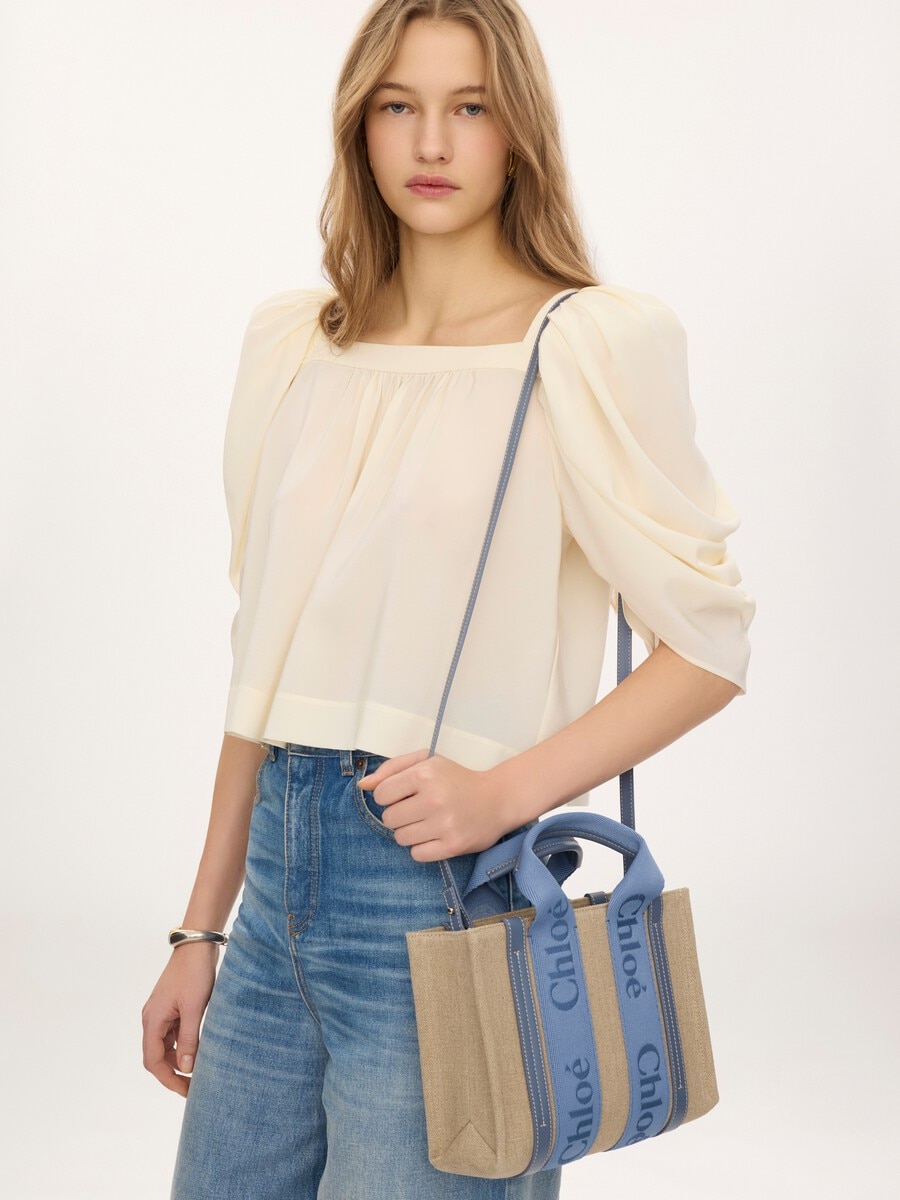 Small Woody tote bag in linen - 3