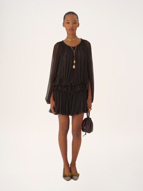 Mini cape dress in silk mousseline