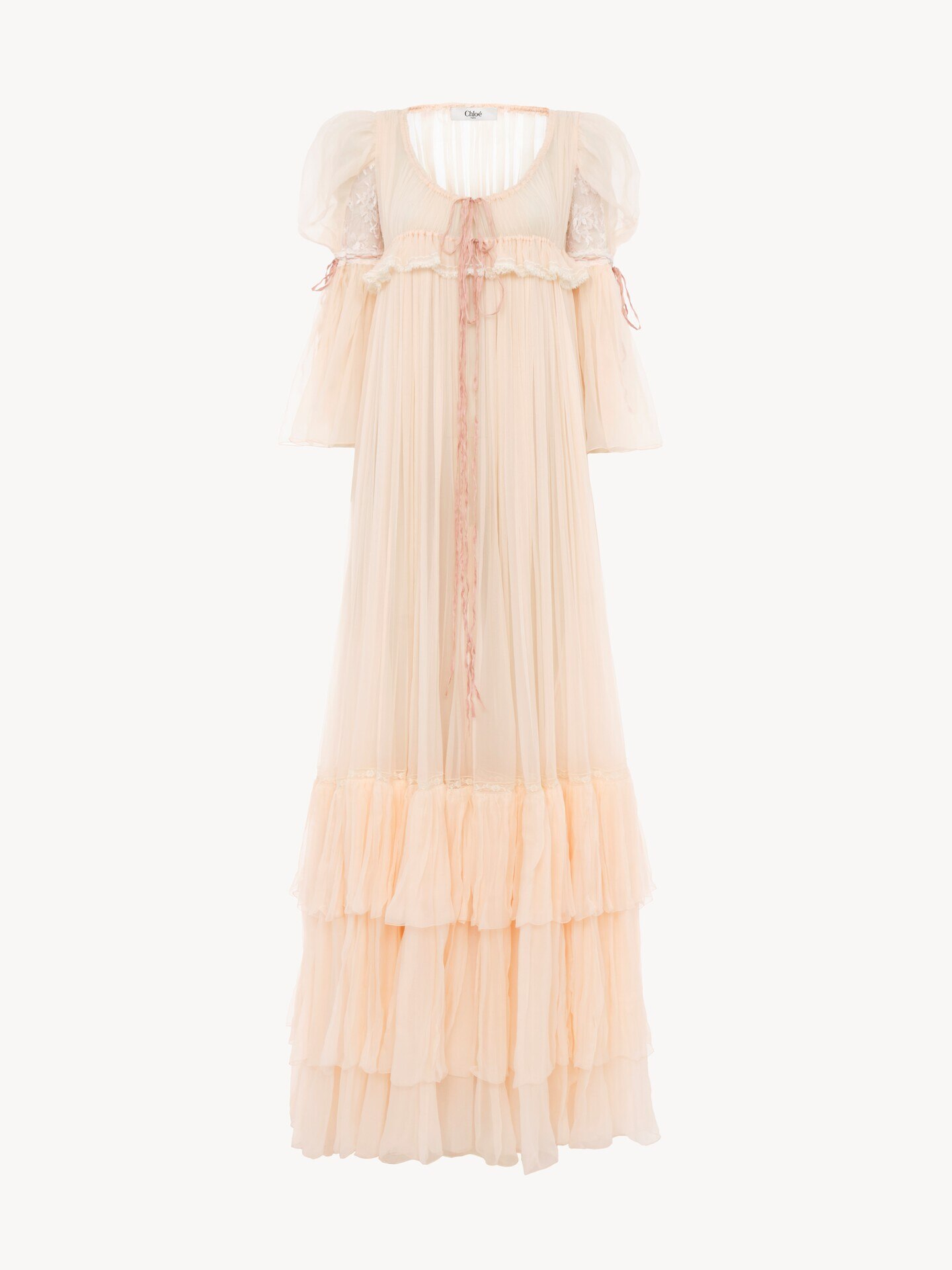 Oversized long ruffled dress in silk mousseline & lace - 1