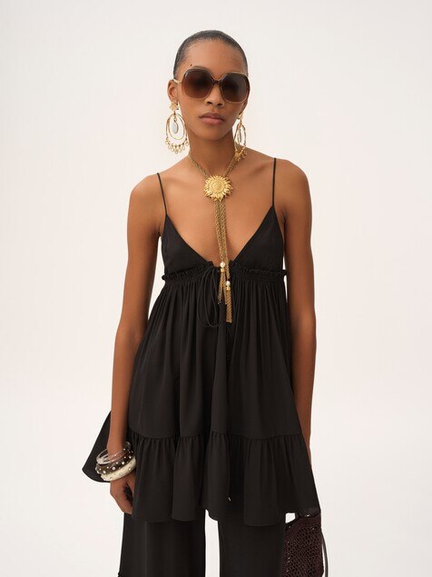 Thin-strap gathered mini dress in crêpe de chine