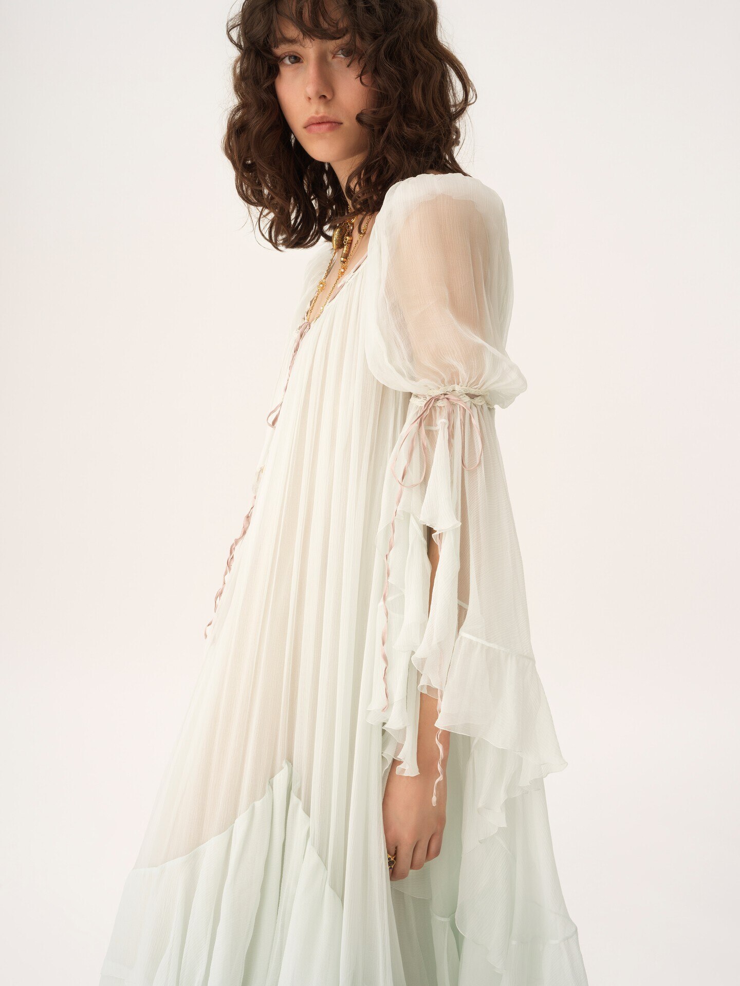 Oversized long ruffled dress in silk mousseline - 6
