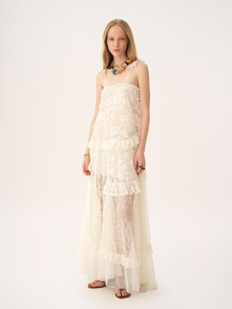 Thin-strap long dress in embroidered lace