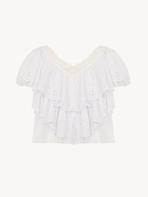 Top cropped con cuello en V y volantes de velo de algod&oacute;n y encaje
