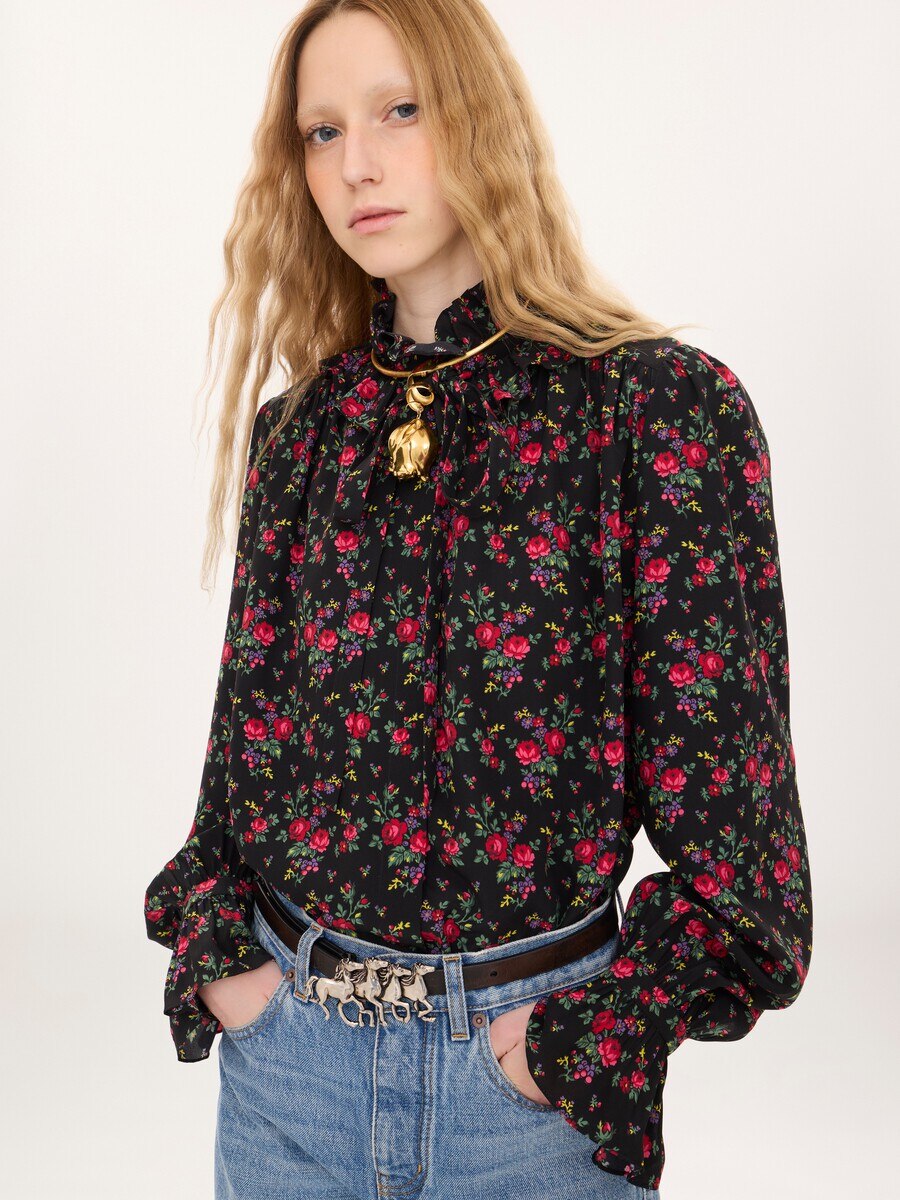 Tie-front ruffled blouse in cr&ecirc;pe de chine - 4
