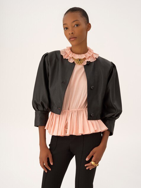 Drawstring ruffle top in jacquard silk