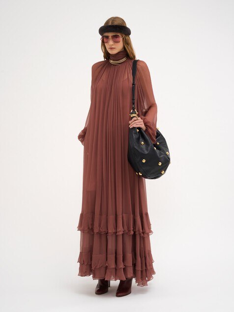 Gathered long dress in silk mousseline