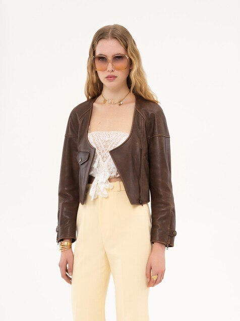 Cropped scoop-neck jacket in leather