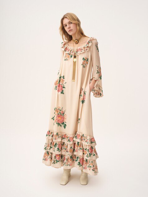 Square-neck ruffled long dress in cr&ecirc;pe de chine