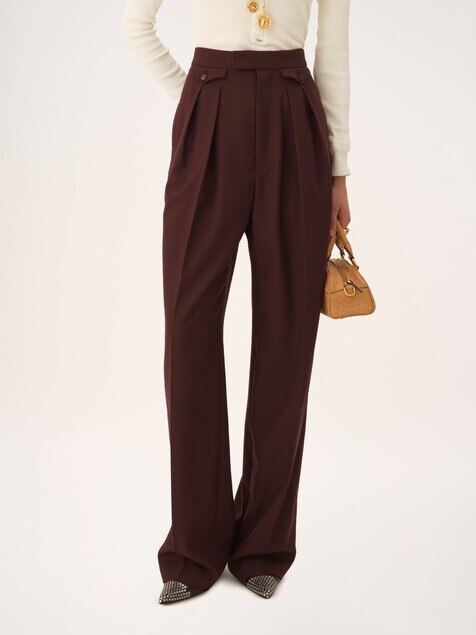 Pantalones fruncidos de talle alto de gabardina de lana