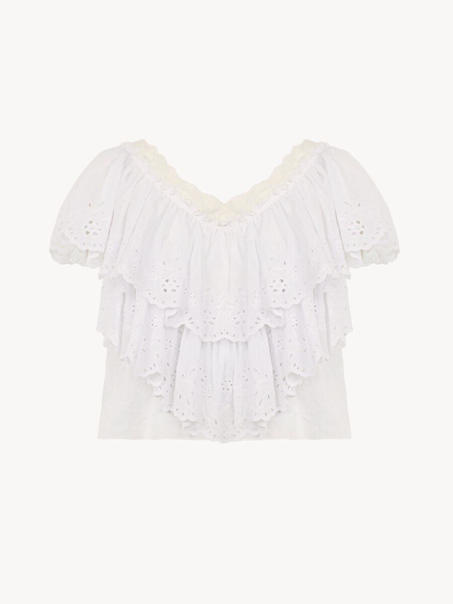 Cropped V-neck ruffle top in cotton voile & lace - 2