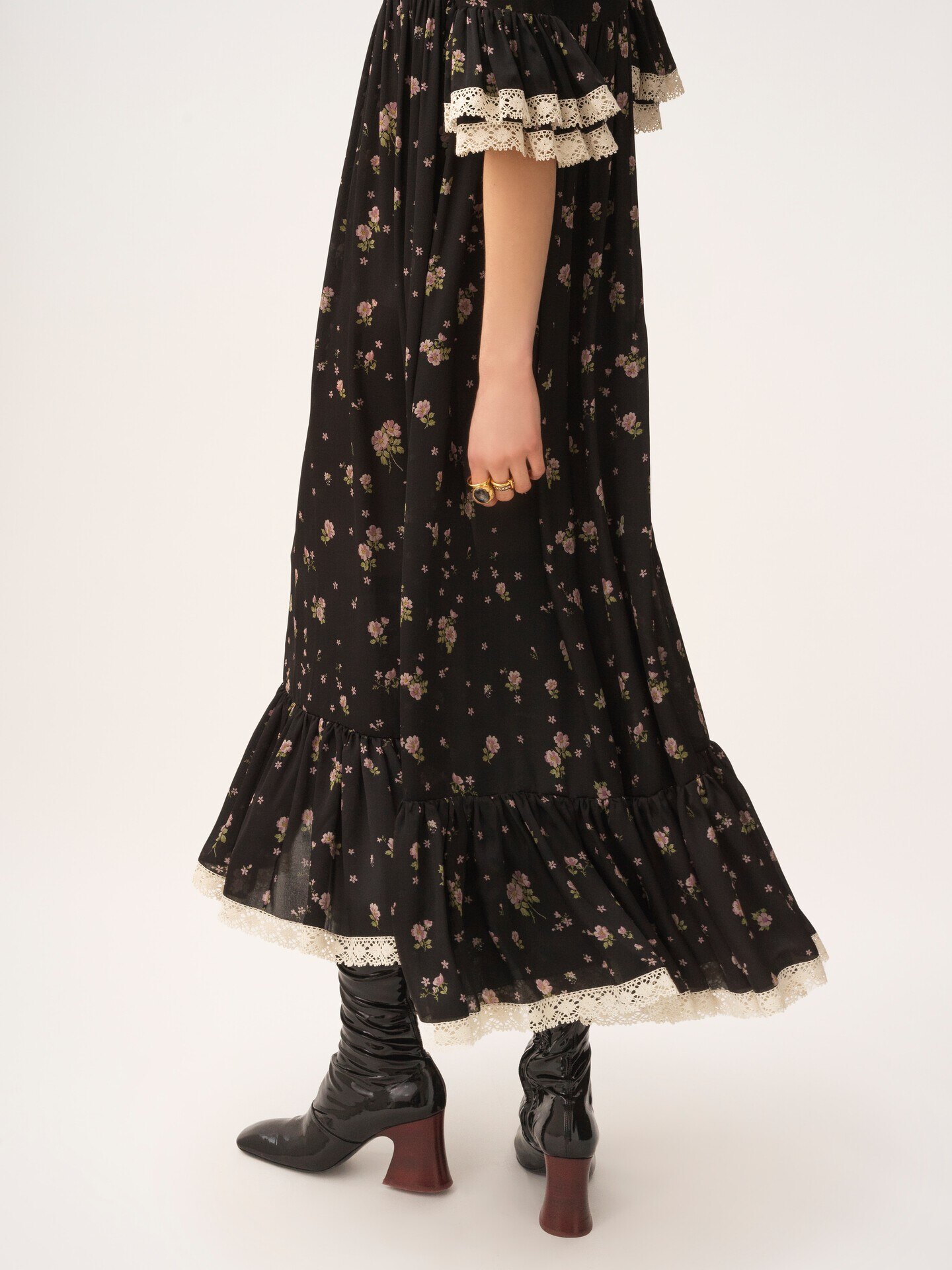 Scoop-neck midi dress in silk charmeuse & lace - 6