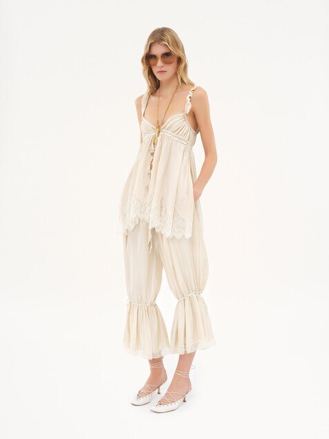 Fluid cropped trousers in washed silk pongé & lace