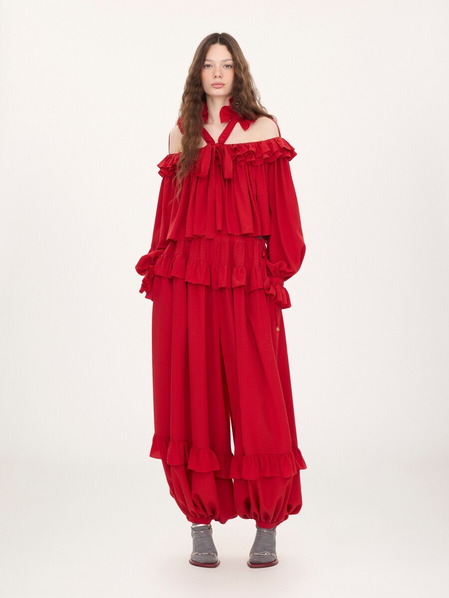 Fluid ruffled pants in silk jacquard - 3