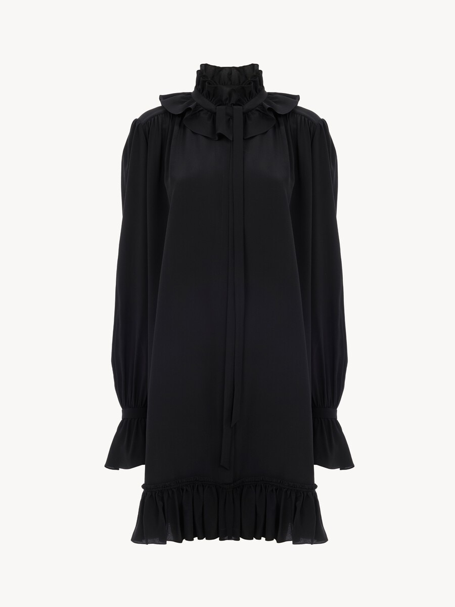 Long-sleeve mini dress in cr&ecirc;pe de chine - 2