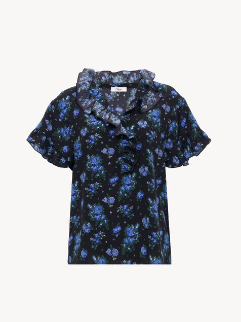 Top con volantes de manga corta de crep&eacute; de seda china
