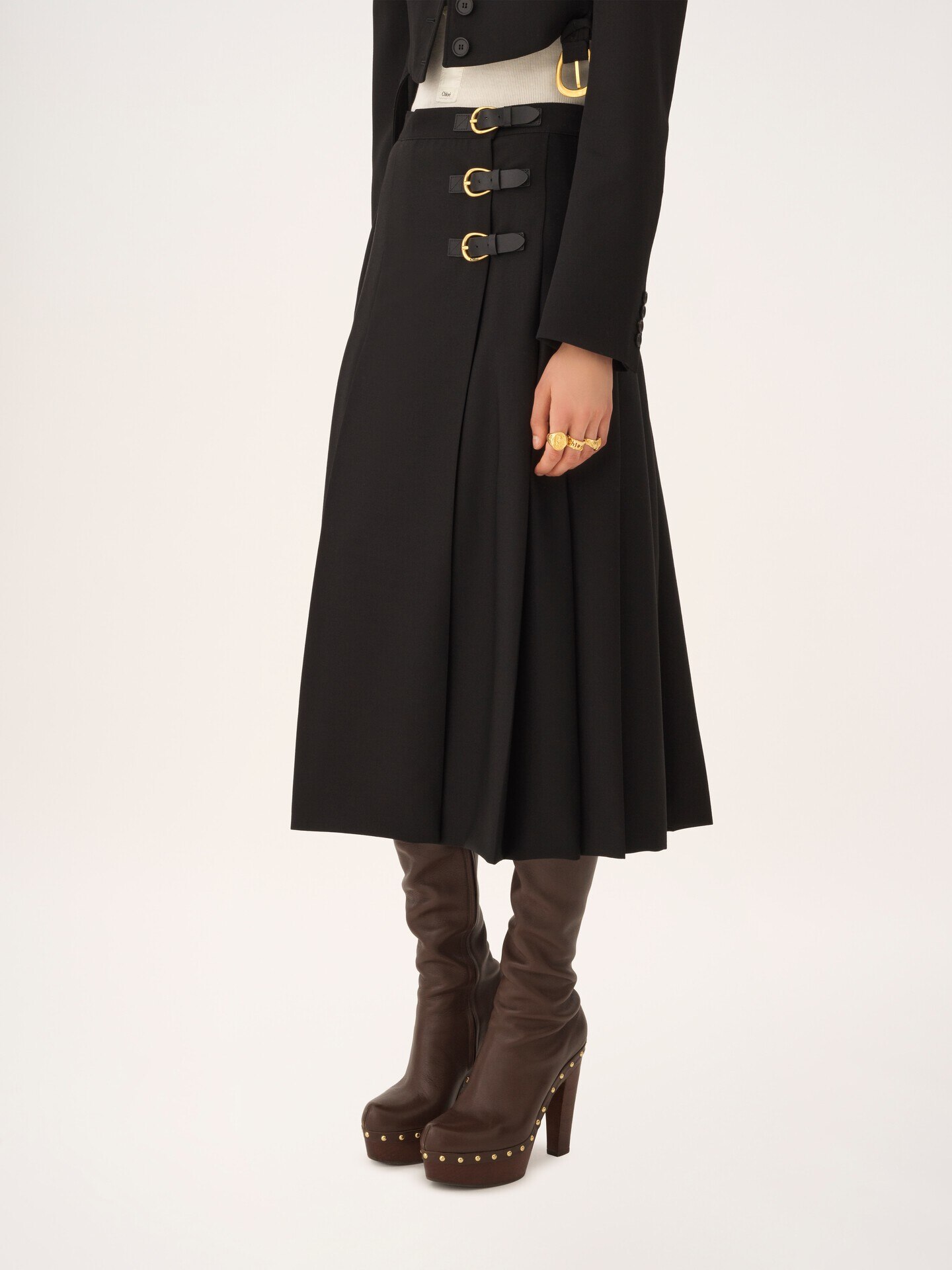 Pleated midi skirt in wool grain de poudre - 5