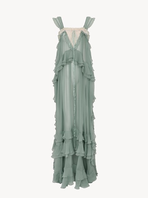 Vestido largo estratificado sin mangas de muselina de seda y encaje