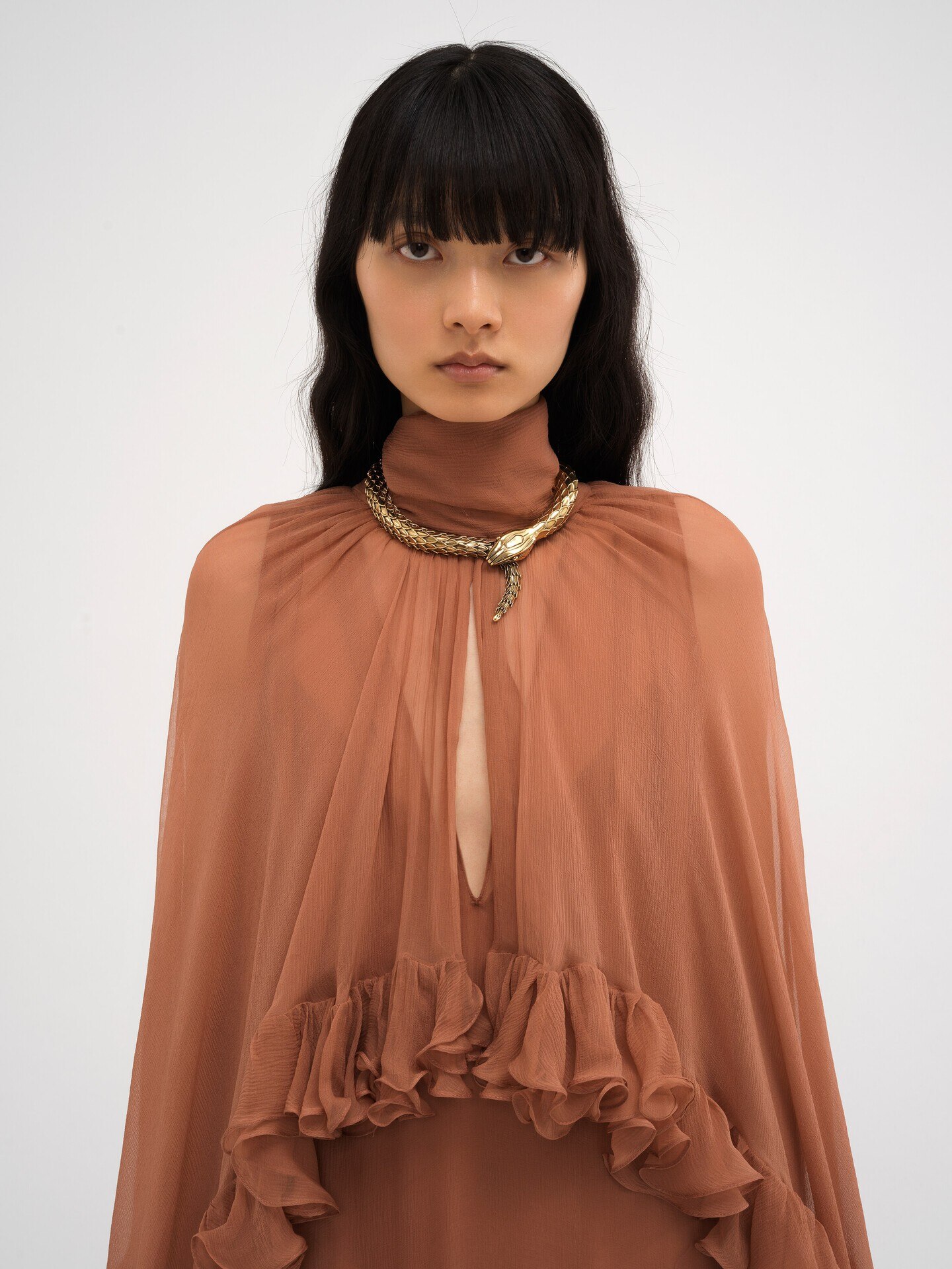 Mock-neck ruffle dress in silk mousseline - 4