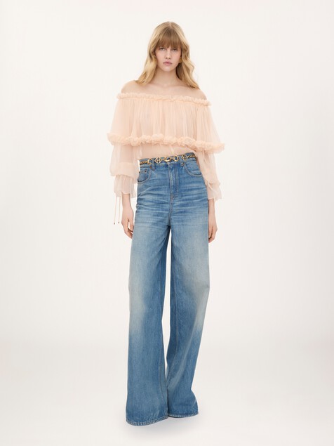 Off-the-shoulder puff-sleeve top in silk mousseline