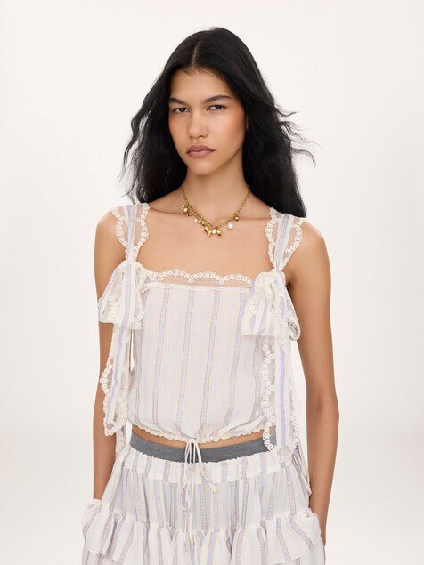 Cropped top in silk lurex jacquard & lace